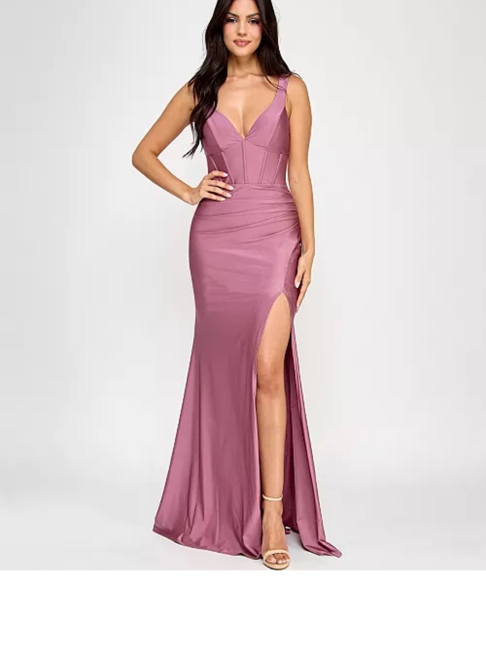 Emerald Sundae Mauve Pink V-Neck Prom Gown with High Side Slit